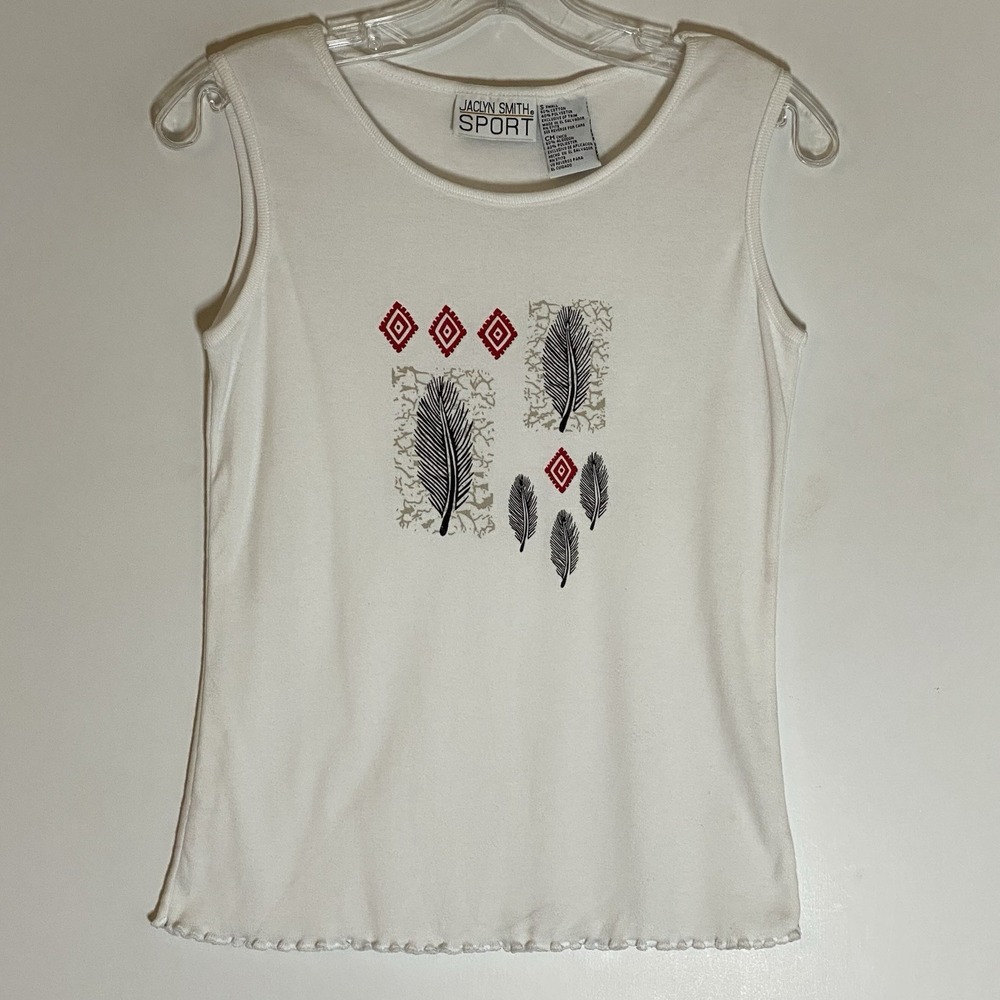 VTG Jaclyn Smith Sport Top Womens Small White Multi Print Feather Aztec Tank 90s